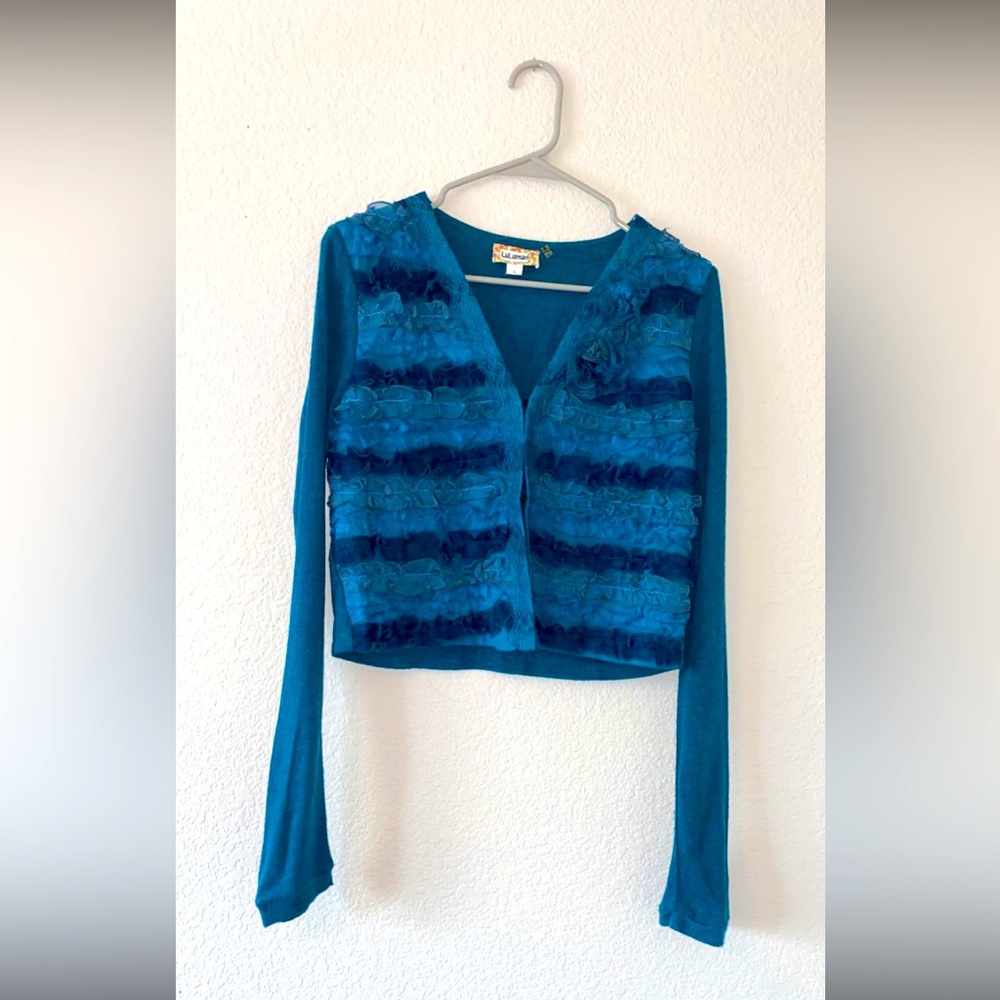 Large woman’s Luluman blue cardigan sweater